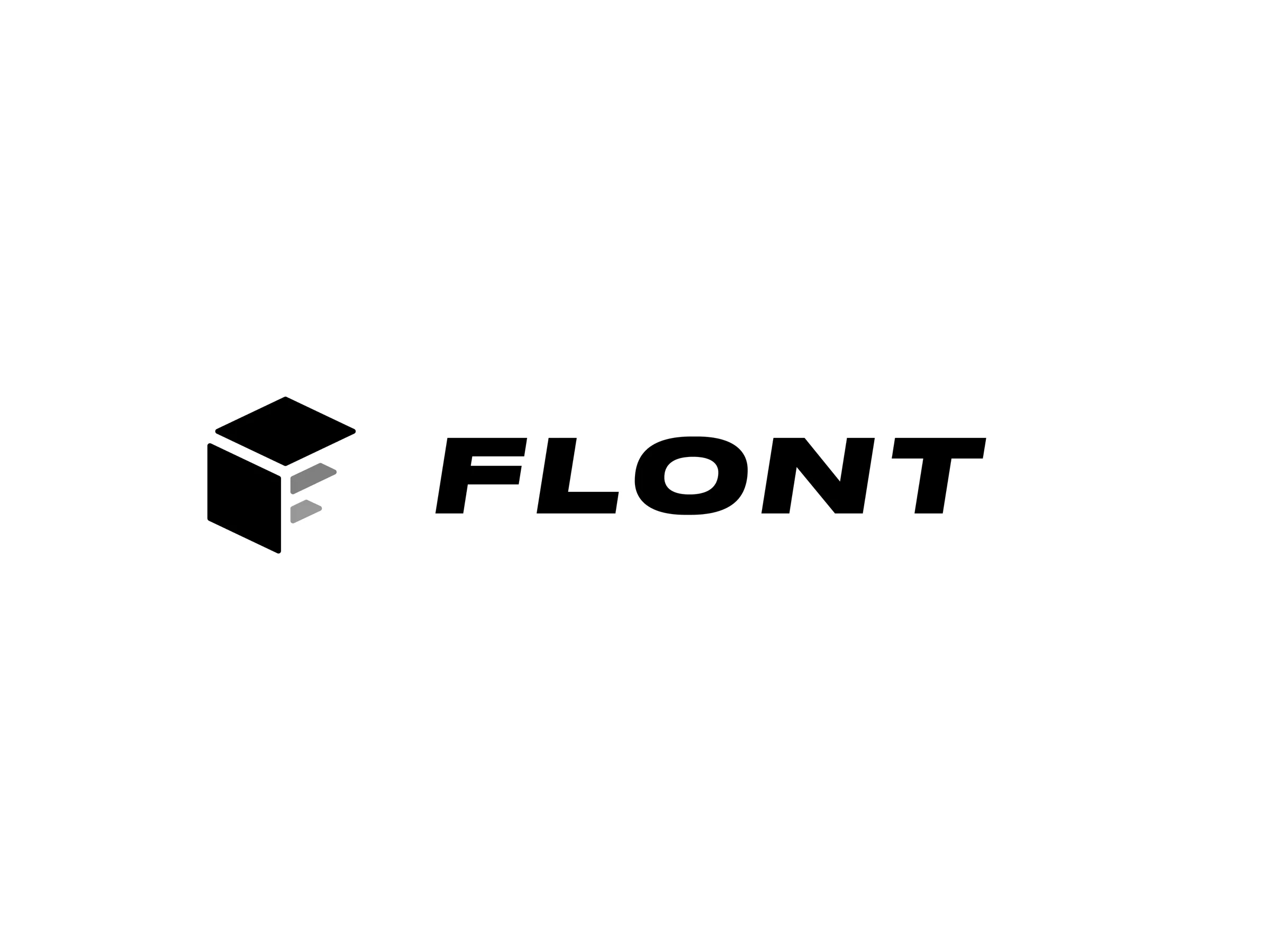 Flont identity: a geometric cube and slanted black wordmark on white.