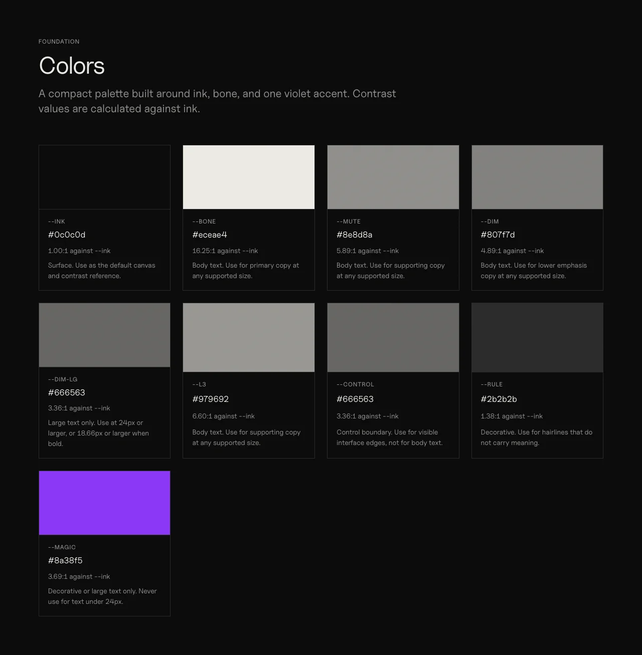 The Grimoire color foundation: ink, bone, five greys, a control boundary, a hairline rule and the violet magic accent, each with its contrast ratio against ink and a usage note.