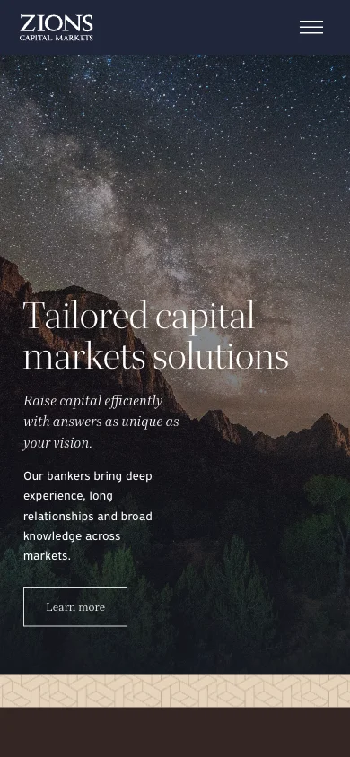 Delivered Zions Capital Markets mobile homepage with its white wordmark, night-sky photography, and serif headline.