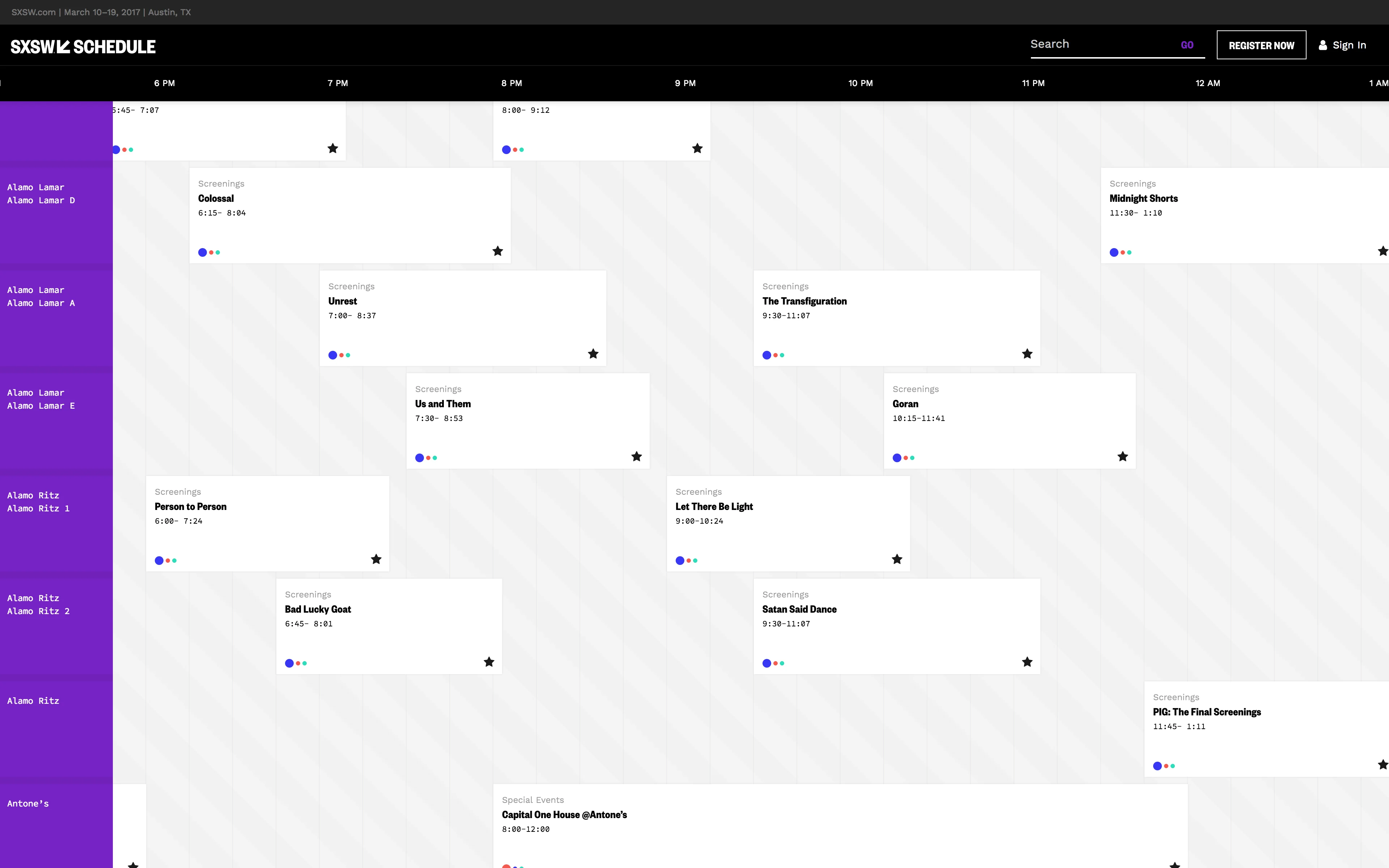 SXSW 2017 Schedule showing film screenings arranged by venue and time.