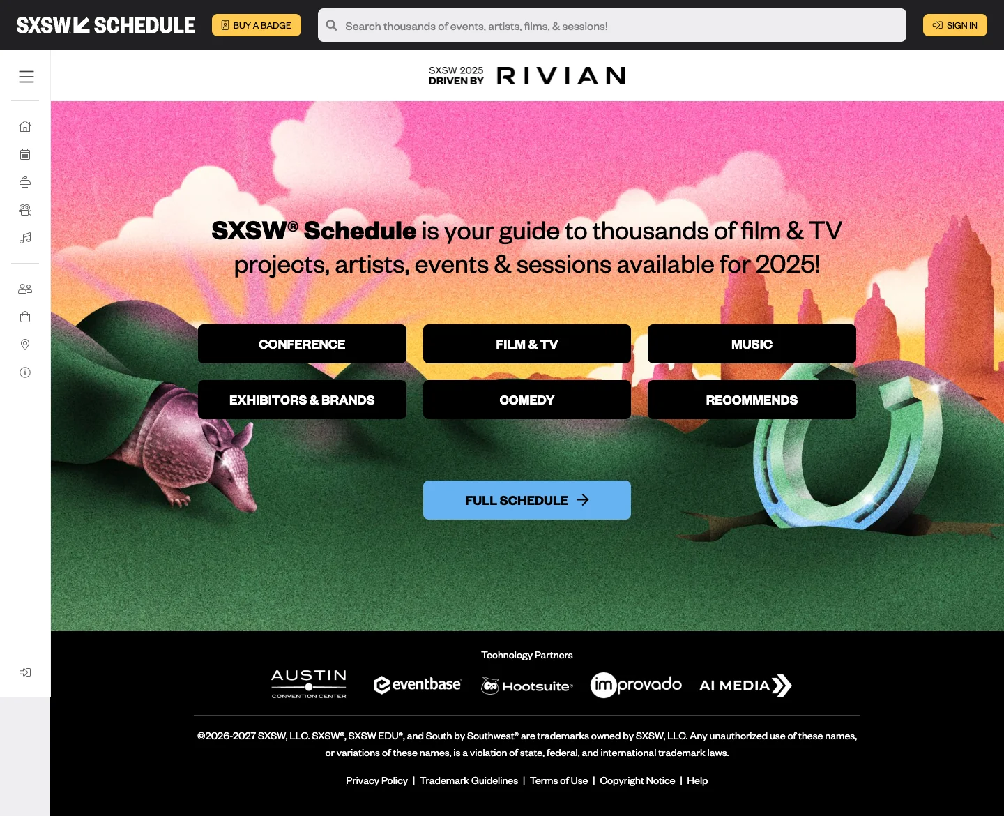 SXSW 2025 Schedule homepage with an illustrated Austin landscape, search, and festival categories.