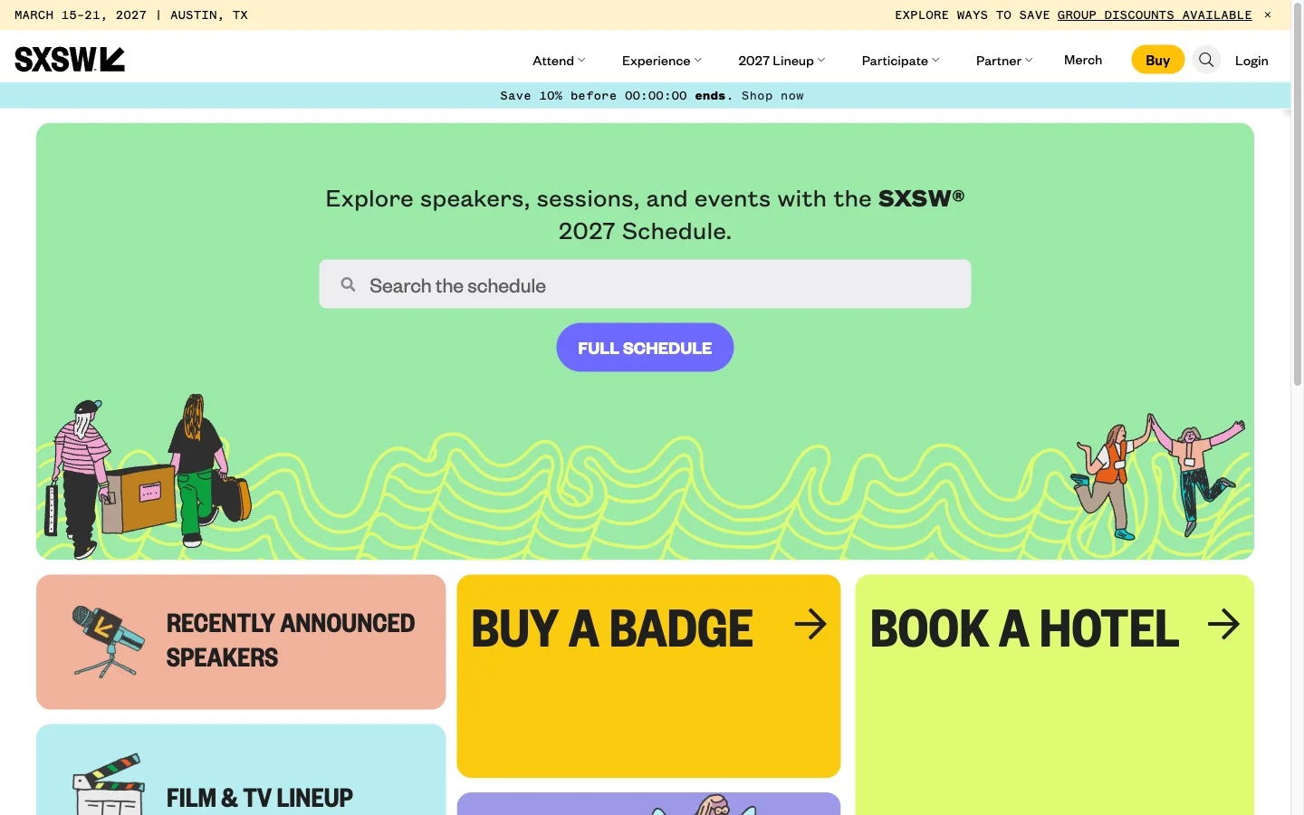 Local SXSW 2027 Schedule preview with the shared white header and cream date strip above a green illustrated search page.