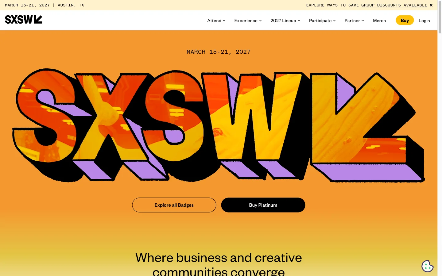 SXSW homepage with a white universal header, cream date strip and orange festival artwork.