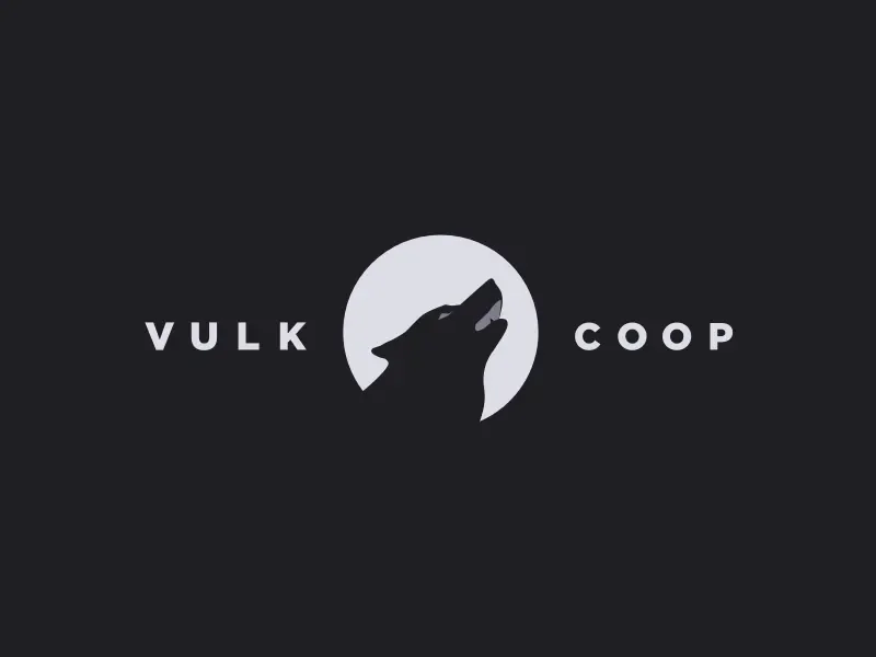 Vulk Co-op identity: a howling wolf silhouette inside a pale moon, between the spaced words Vulk and Coop.
